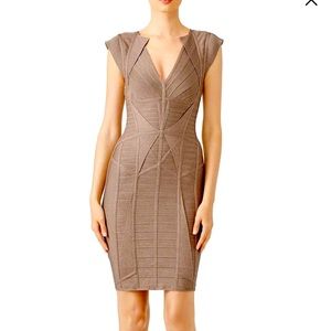 Metallic copper Herve Leger Margeaux bandage dress.